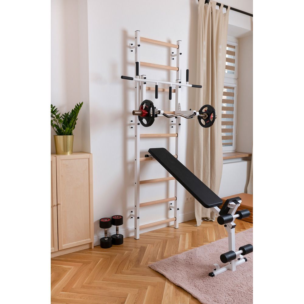 Fitness-System mit Sprossenwand, Klimmzugstange, Dip-Barren und Trainingsbank. Hanteln und Gewichte liegen daneben.