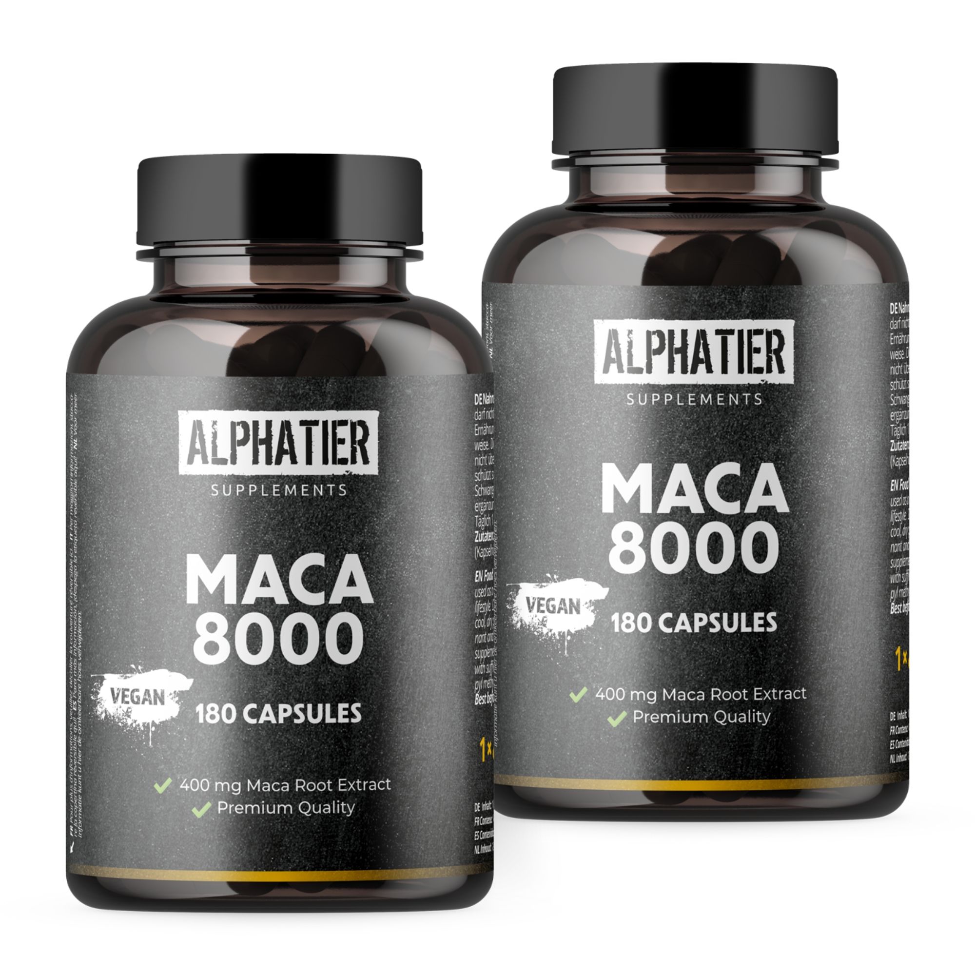 Zwei schwarze Flaschen Alphatier Maca 8000. Enthält 180 Kapseln. Vegan. 400 mg Maca-Wurzel-Extrakt. Premium Qualität.