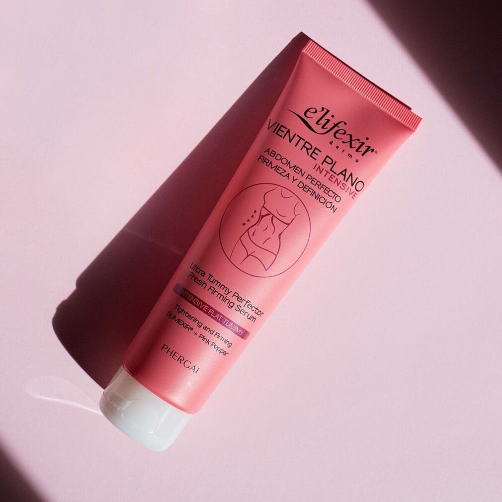 Rosa Tube mit weißem Verschluss. Aufschrift: Elifexir, Vientre Plano, Intensiv. Produkt liegt schräg.