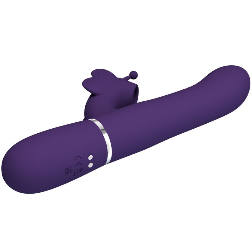 Lila Vibrator mit Kaninchen-Design. Mit Ohren und Knopfleiste. Schräge Ansicht.