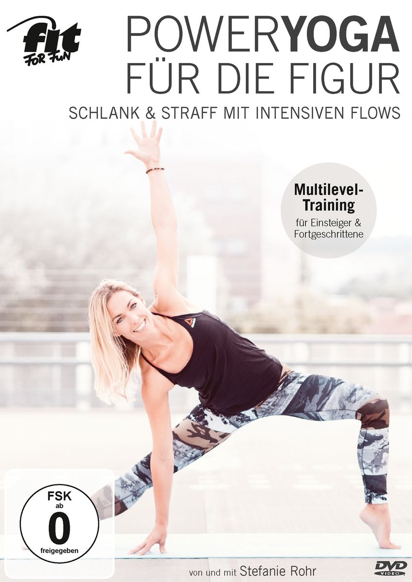 DVD "Power Yoga für die Figur". Frau in Yoga-Pose. Text: Multilevel-Training für Einsteiger & Fortgeschrittene. FSK ab 0 freigegeben.
