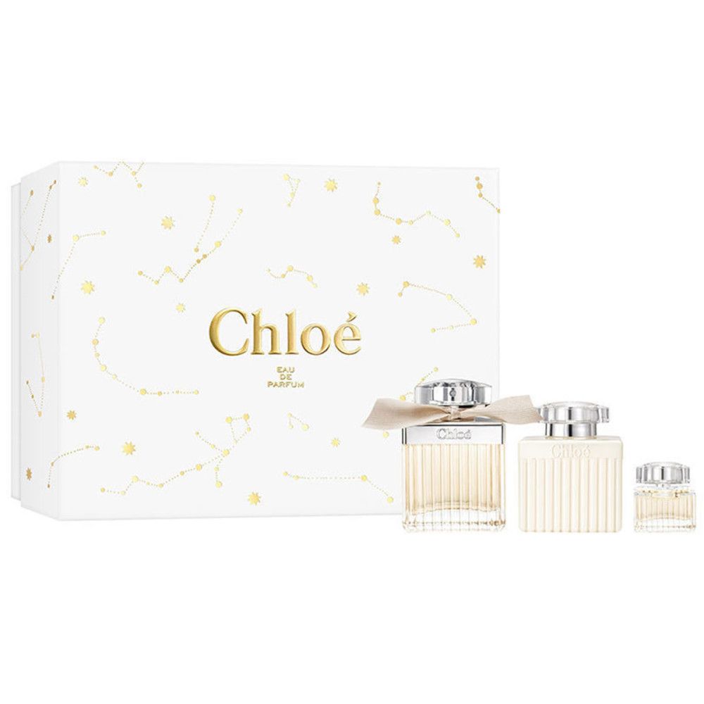 Geschenkset mit drei Flakons und einer Schachtel. Auf der Schachtel steht "Chloé Eau de Parfum".