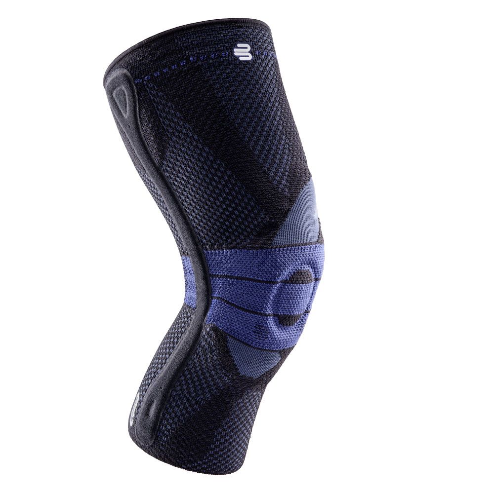 Kniebandage in Schwarz und Blau. Sichtbar sind Details der Konstruktion und des Materials.