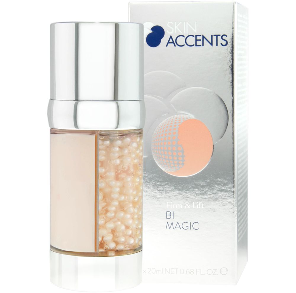 Kosmetikflasche mit silbernem Deckel und Verpackung. Enthält Perlen und Flüssigkeit. Aufschrift: Skin Accents, Bi Magic.