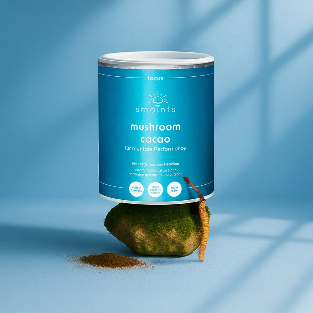 Dose mit smaints Mushroom Cacao. Auf einem Stein mit Cordyceps-Pilz. Braunes Pulver daneben.
