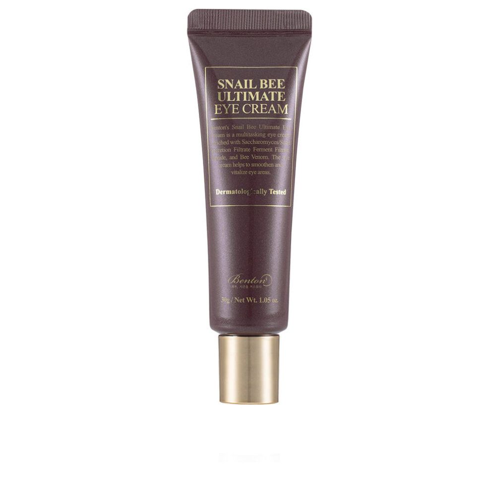 Braune Tube mit goldfarbenem Deckel. Aufschrift: Snail Bee Ultimate Eye Cream. Text: Dermatologisch getestet. Marke Benton.