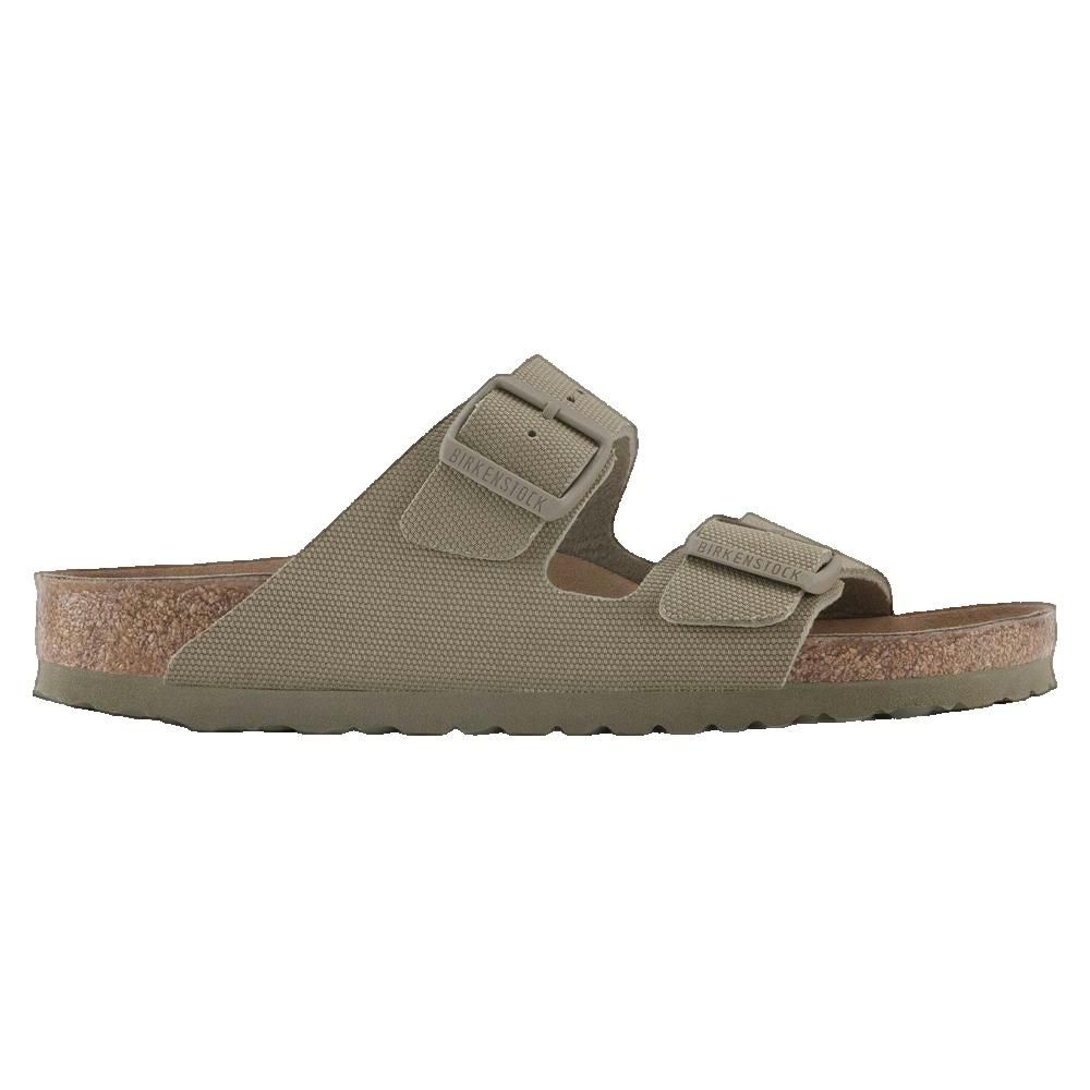 Sandali con due cinturini e fibbie. Plantare in sughero. Tomaia beige-verde. Vegano.
