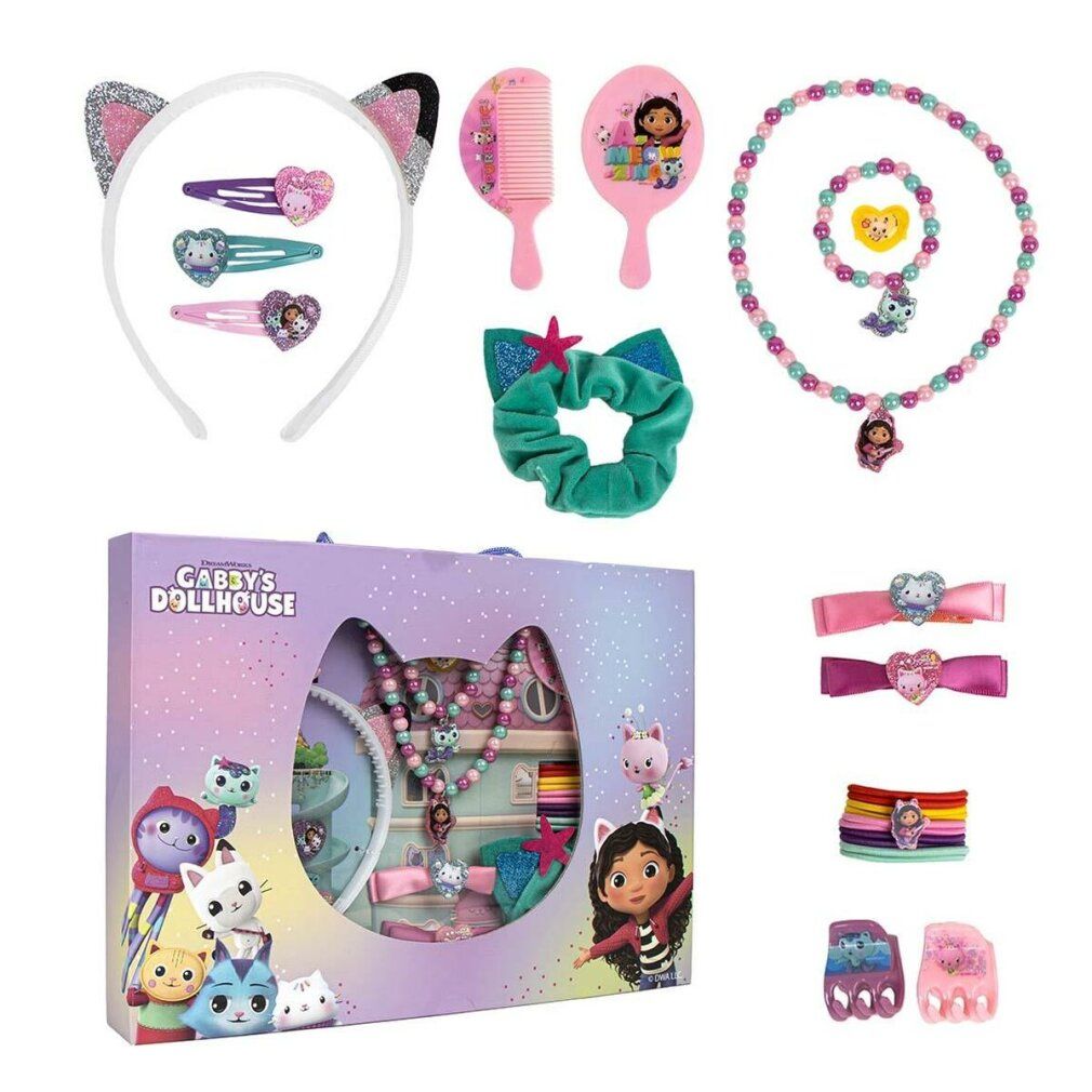 Haarschmuck-Set mit Katzenohren-Haarreif, Haarklammern, Kamm, Spiegel, Halskette, Armband, Haargummi und Haarbändern. Verpackung.