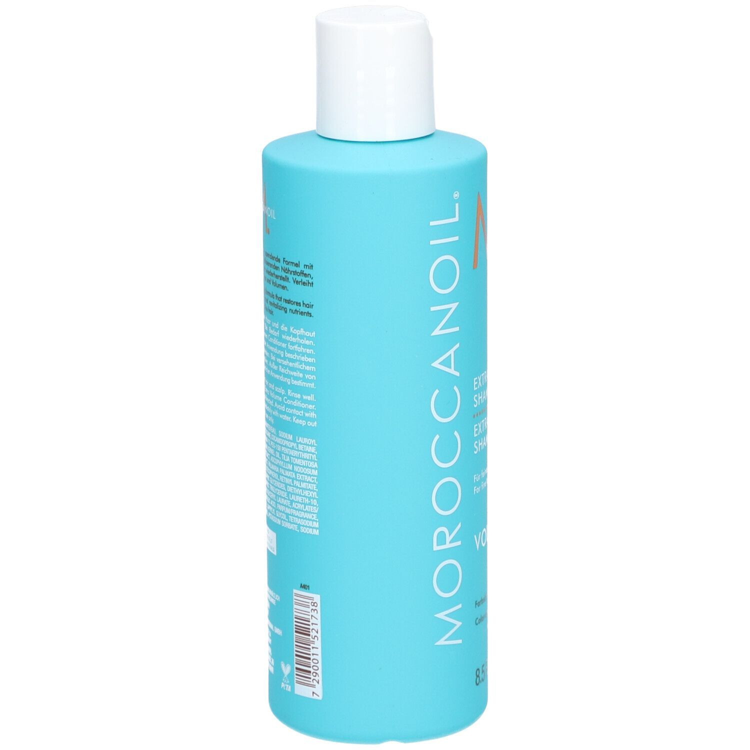 Türkisfarbene Flasche mit weißem Verschluss. Moroccanoil Schriftzug vertikal. Enthält Shampoo.