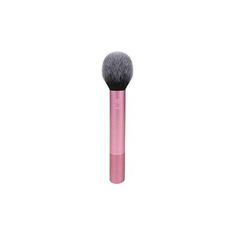Puderrougepinsel mit rosa Griff und grau-schwarzen Borsten.