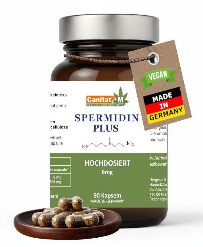 Braune Glasflasche mit Kapseln auf Holzschale. Etikett: Spermidin Plus, 6mg, 90 Kapseln. Vegan-Siegel, Made in Germany.