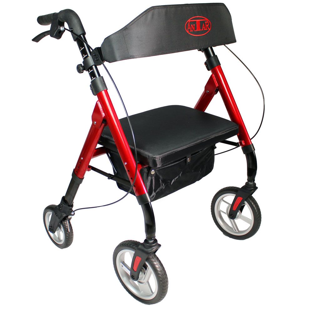 Rot-schwarzer Rollator mit Sitz, Rückenlehne und Einkaufstasche. Vier Räder, Handbremsen und höhenverstellbare Griffe.