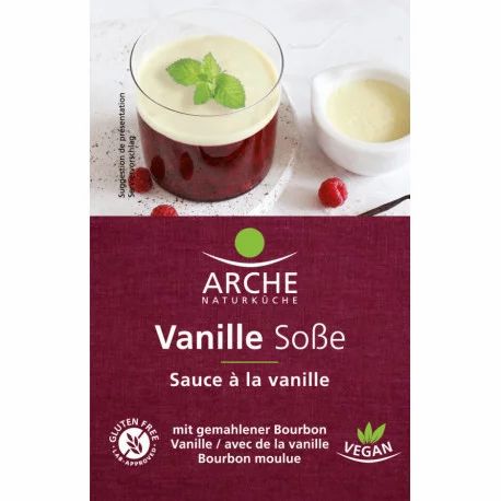 Produktpräsentation mit Vanillesoße, Himbeeren und Minze. Aufschrift: Arche Naturküche, Vanille Soße, glutenfrei, vegan.