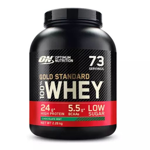 Schwarze Dose mit rotem Etikett. Aufschrift: Gold Standard 100% Whey. Geschmack: Chocolate Mint. 73 Portionen.