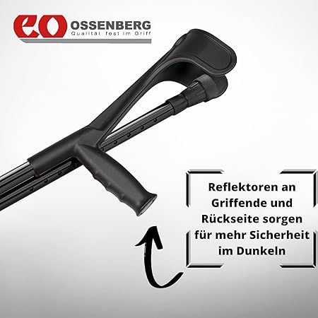 Detailansicht der Gehstütze mit Reflektoren an Griffen. Schwarzes Design. Ossenberg Logo.