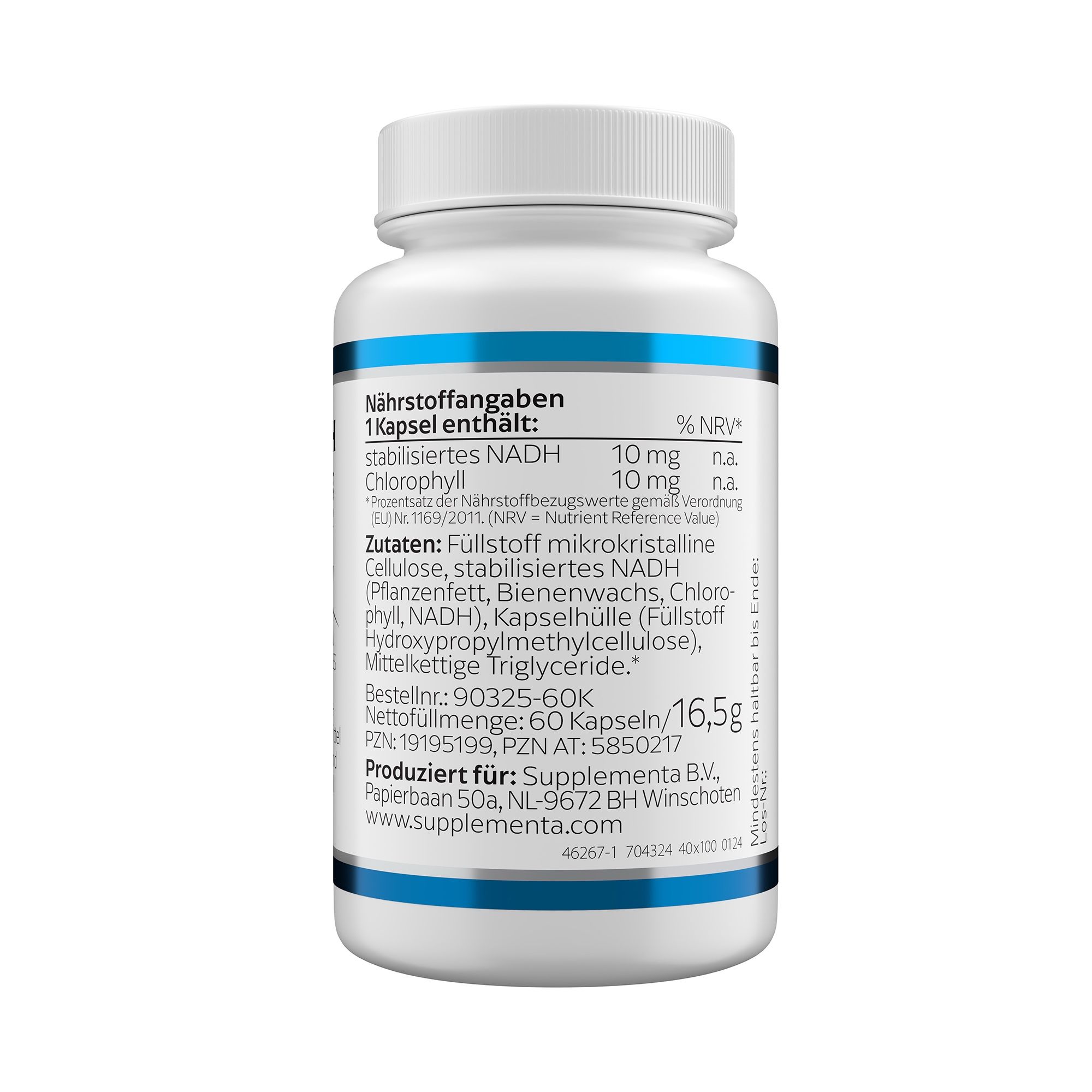 Rückseite einer weißen Flasche mit blauer Umrandung. Informationen zu Inhaltsstoffen und Nährwerten.