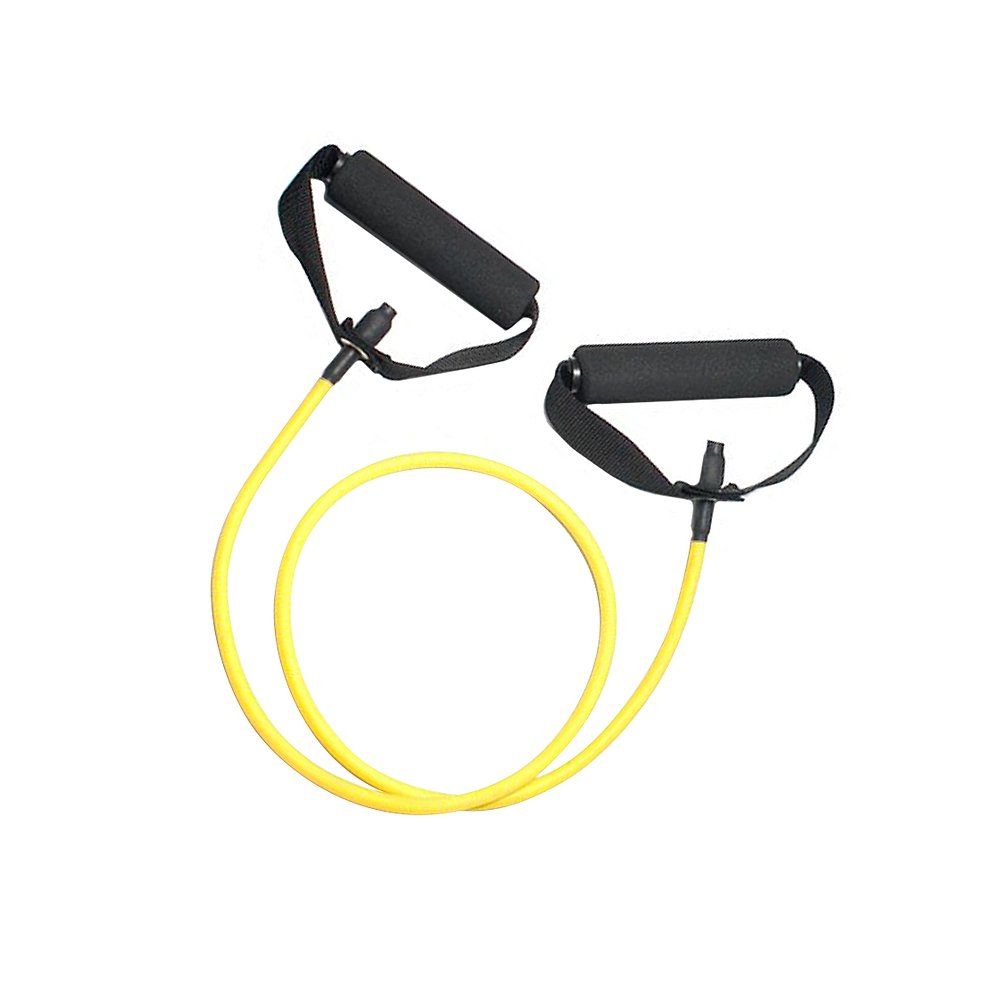 Fitness-Tube Standard. Gelb, mit schwarzen Griffen. Zwei Griffe, verbunden durch ein elastisches Band.