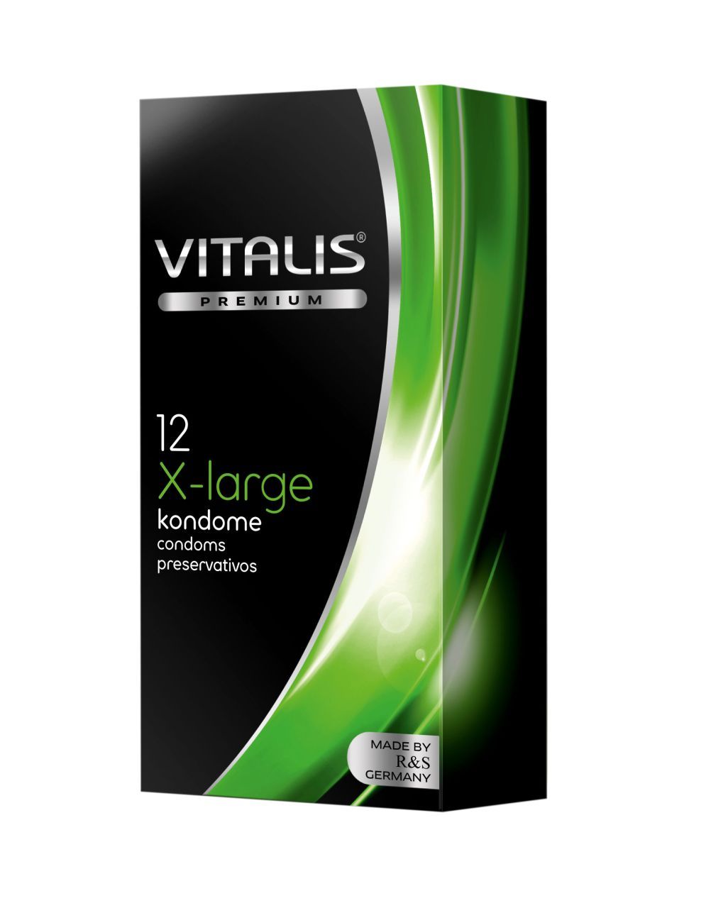 Schwarze Schachtel mit Vitalis Premium X-Large Kondomen, 12 Stück. Grüner Streifen und Schriftzug 'Made by R&S Germany'.