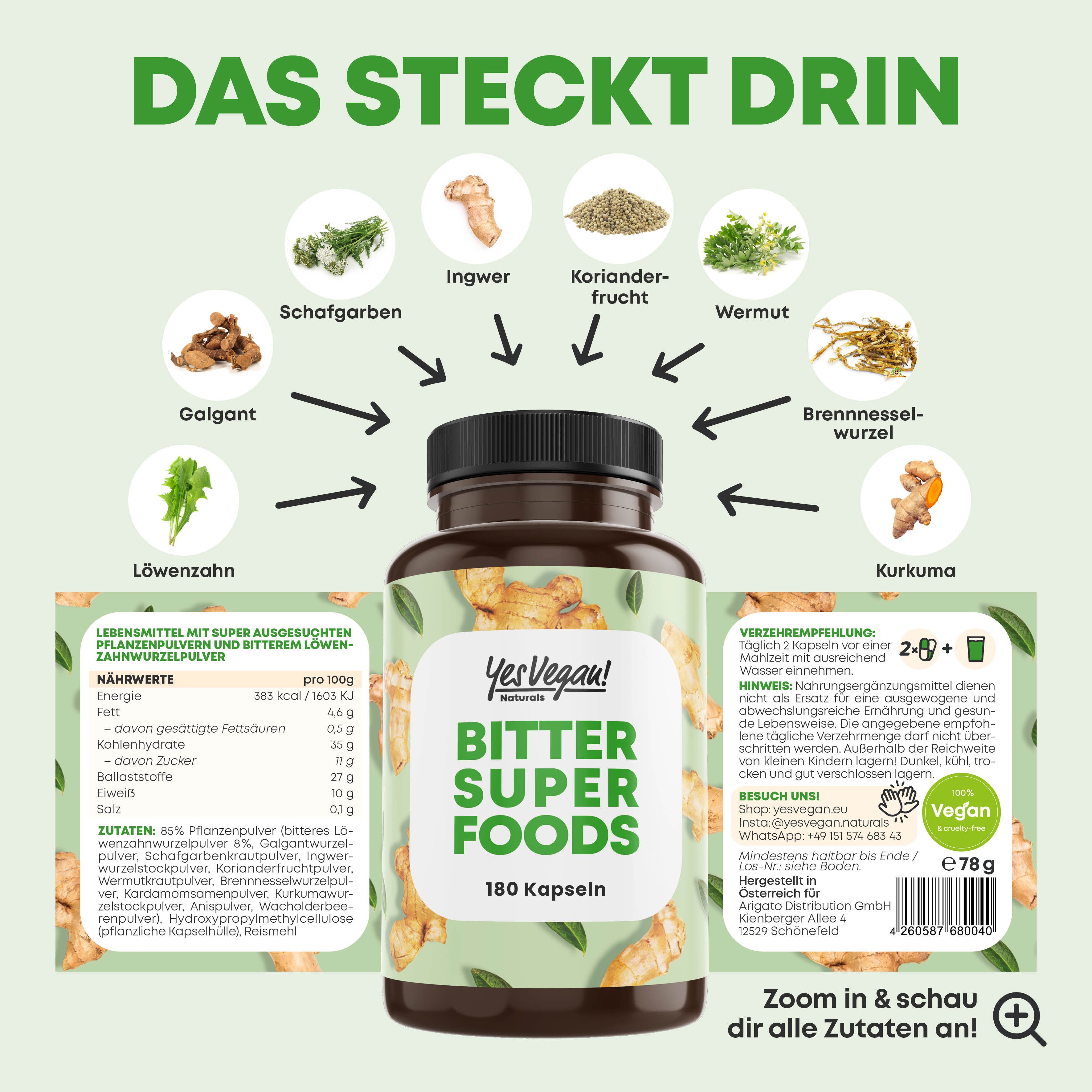 Flasche Bitter Super Foods Kapseln, 180 Stück, mit Übersicht der enthaltenen Kräuter und Nährwerten.