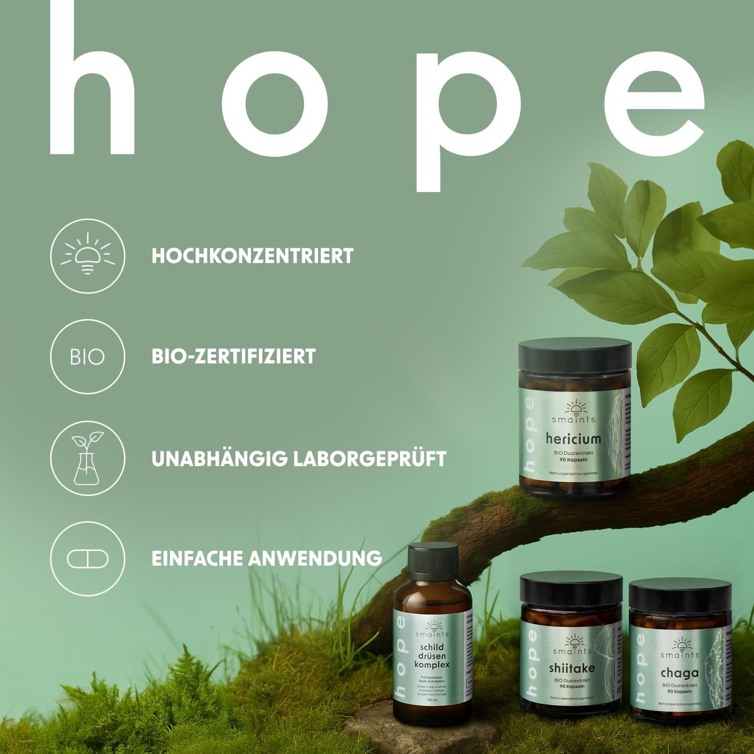 Mehrere smaints® Produkte. Text: hochkonzentriert, BIO-zertifiziert, unabhängig laborgeprüft, einfache Anwendung.
