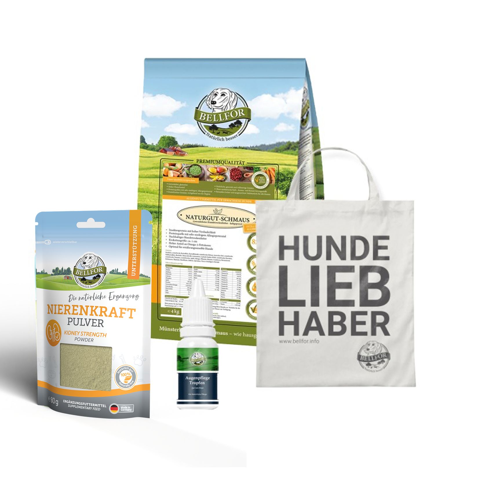 Verschiedene Bellfor-Produkte: Futterbeutel, Augentropfen, Nierenkraft-Pulver und eine Tragetasche mit Aufdruck.