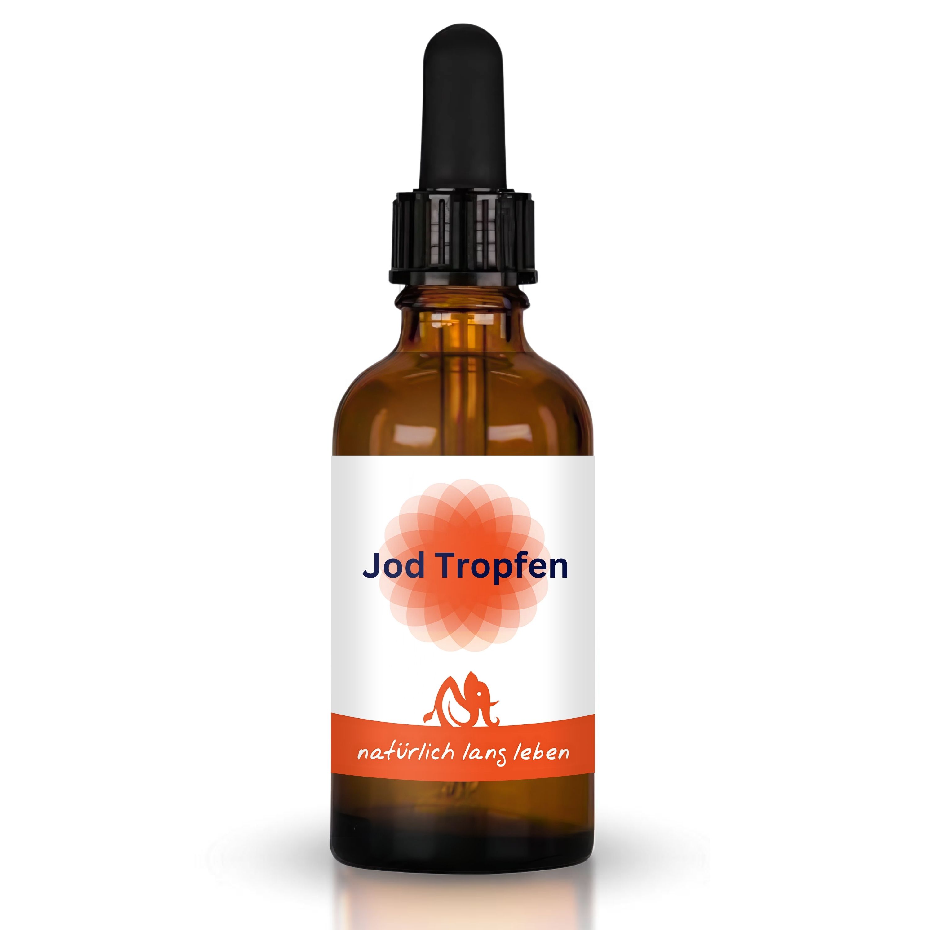 Braune Glasflasche mit schwarzem Tropfer. Etikett mit "Jod Tropfen" und Logo. Orangefarbener Streifen mit Schriftzug. Vegan.