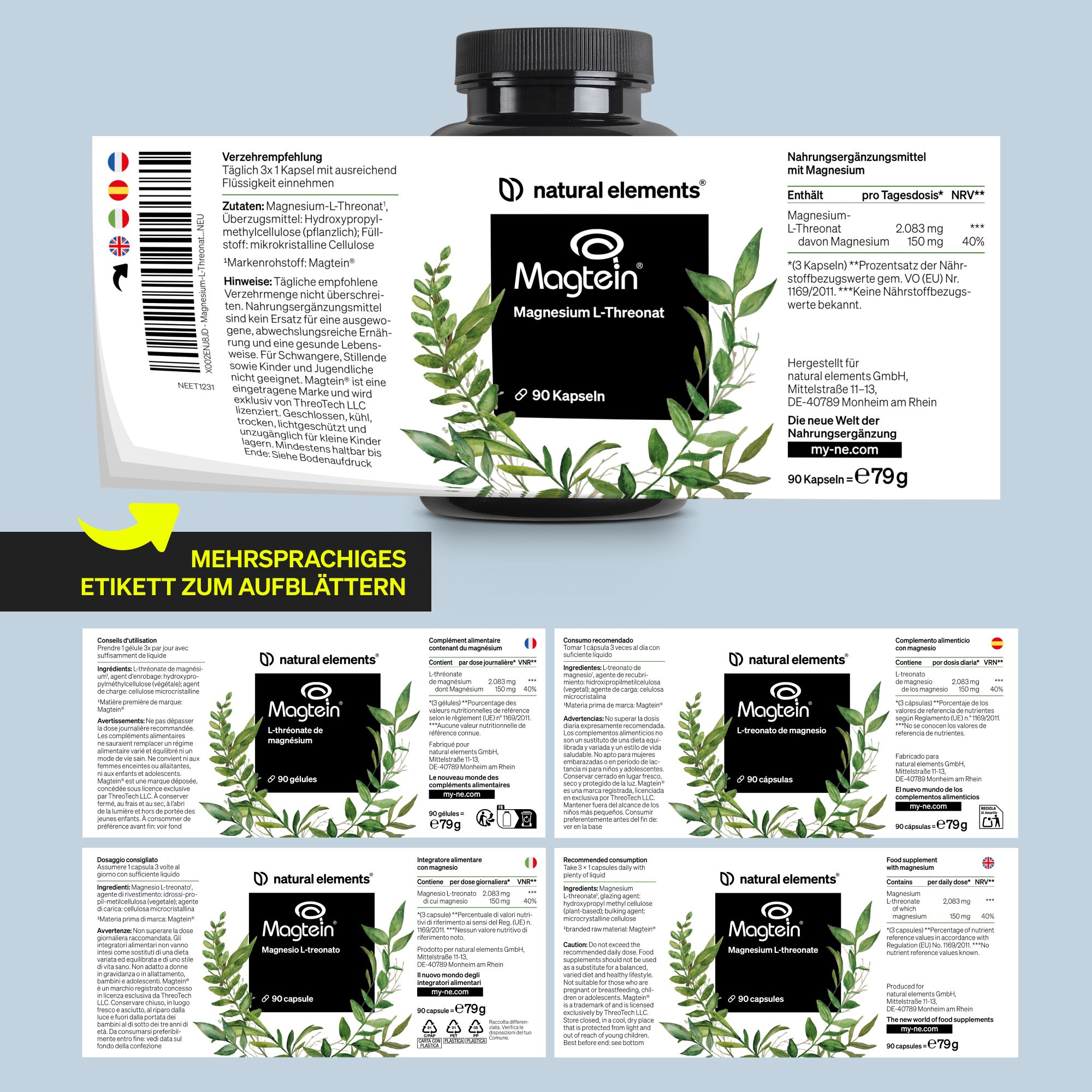Etiketten für Magnesium L-Threonat (Magtein) in mehreren Sprachen, mit Produktinformationen.