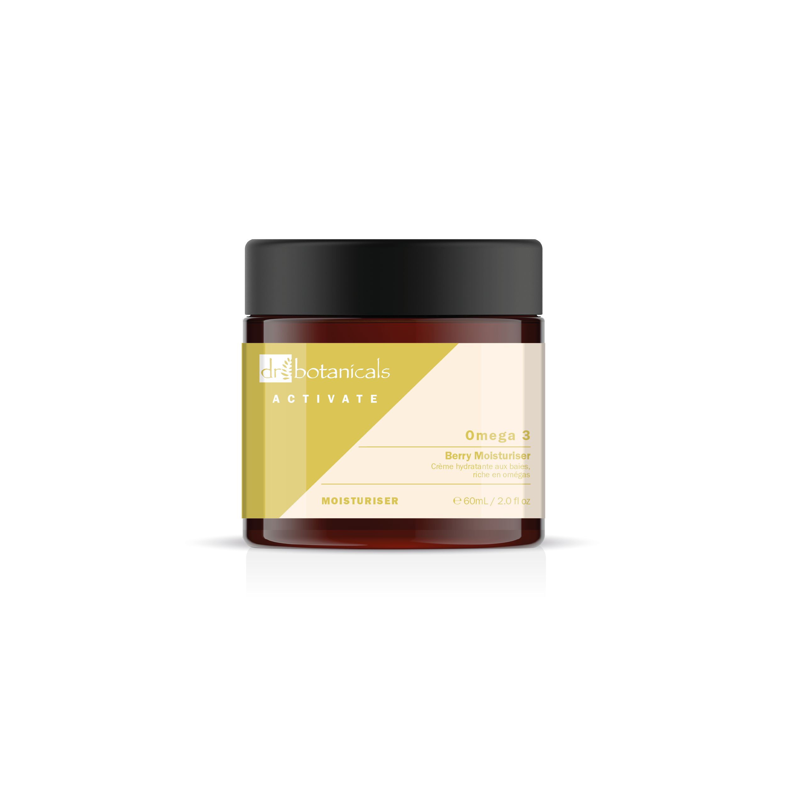 Braune Creme-Dose mit schwarzem Deckel. Aufschrift: "Dr Botanicals ACTIVATE Omega 3 Berry Moisturiser". Gelb-weißes Etikett.