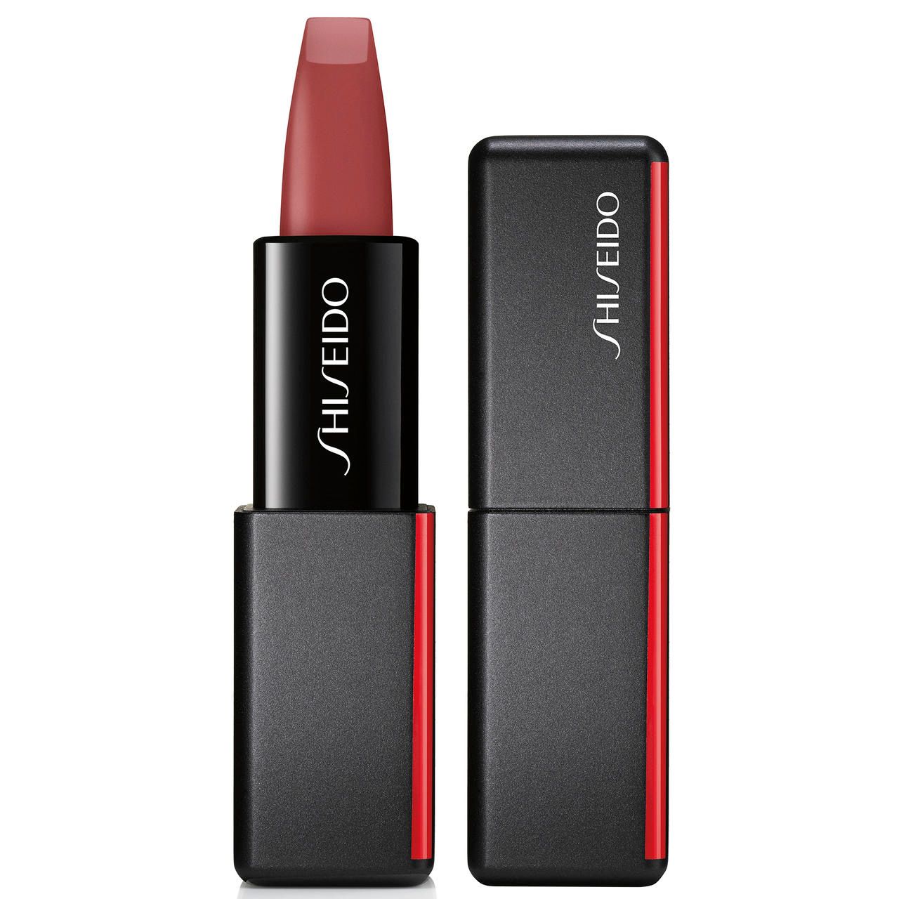 Lippenstift, offen und geschlossen. Schwarze Hülle mit rotem Akzent und Shiseido-Logo. Rosafarbener Lippenstift.