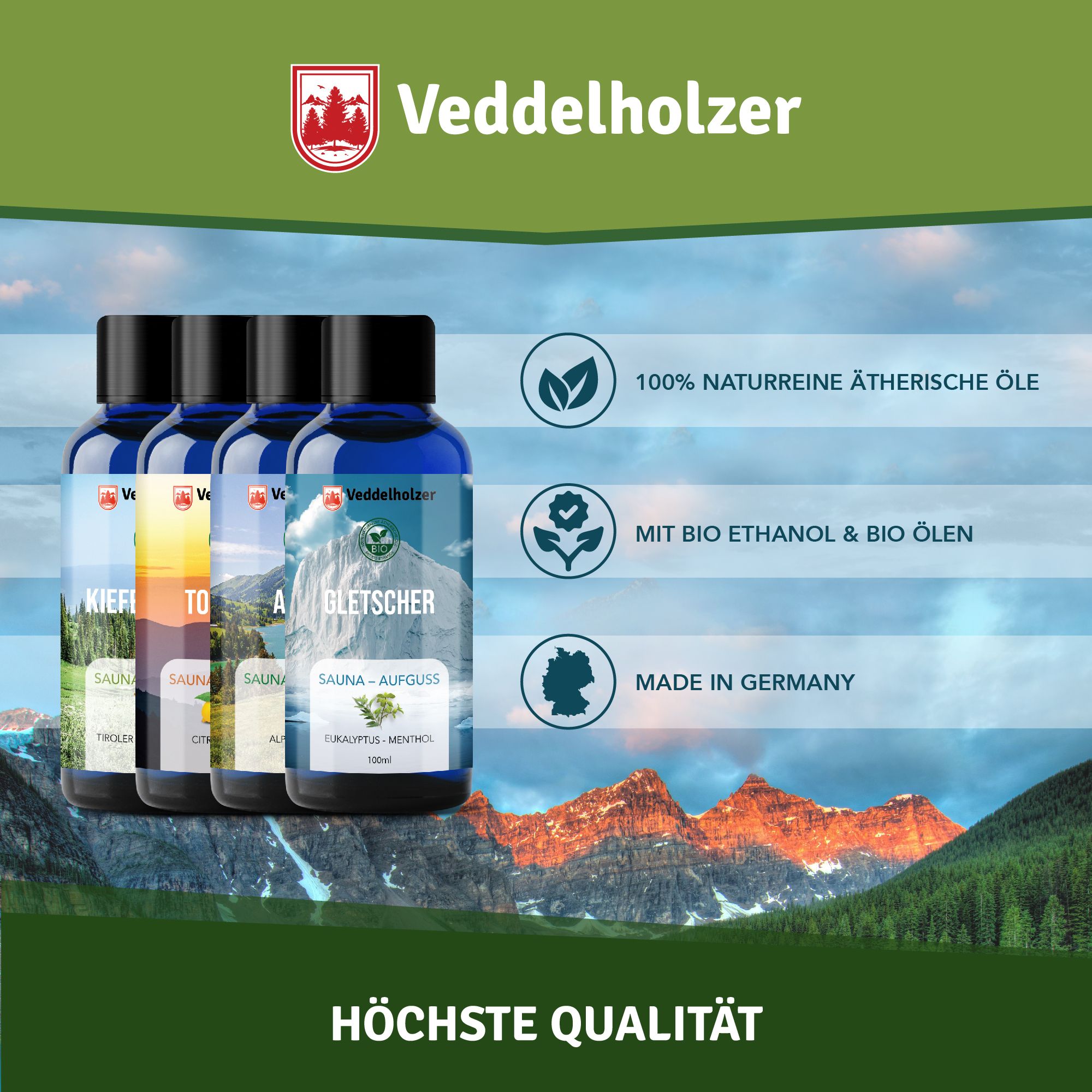 Vier blaue Flaschen mit Saunaaufgüssen vor Berglandschaft. Logos und Text: 100% naturreine ätherische Öle, Mit Bio Ethanol & Bio Ölen, Made in Germany.