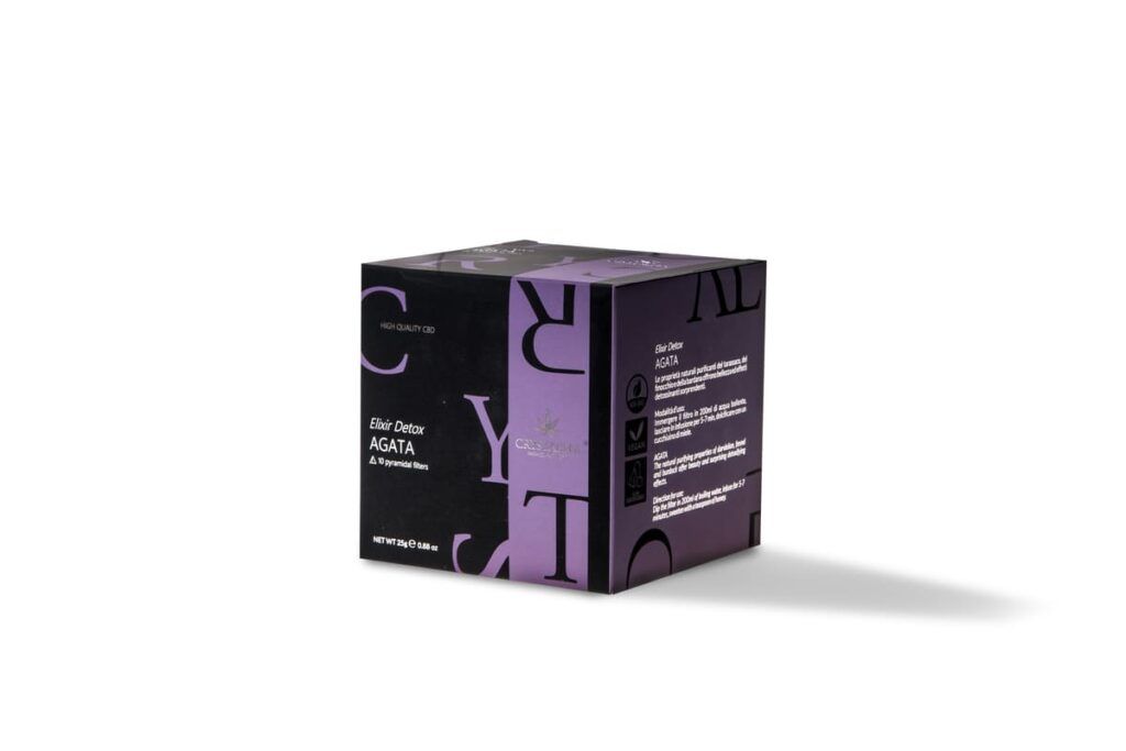 Verpackung des CBD Tee Entgiftungstee – Agata mit lila und schwarzen Akzenten.