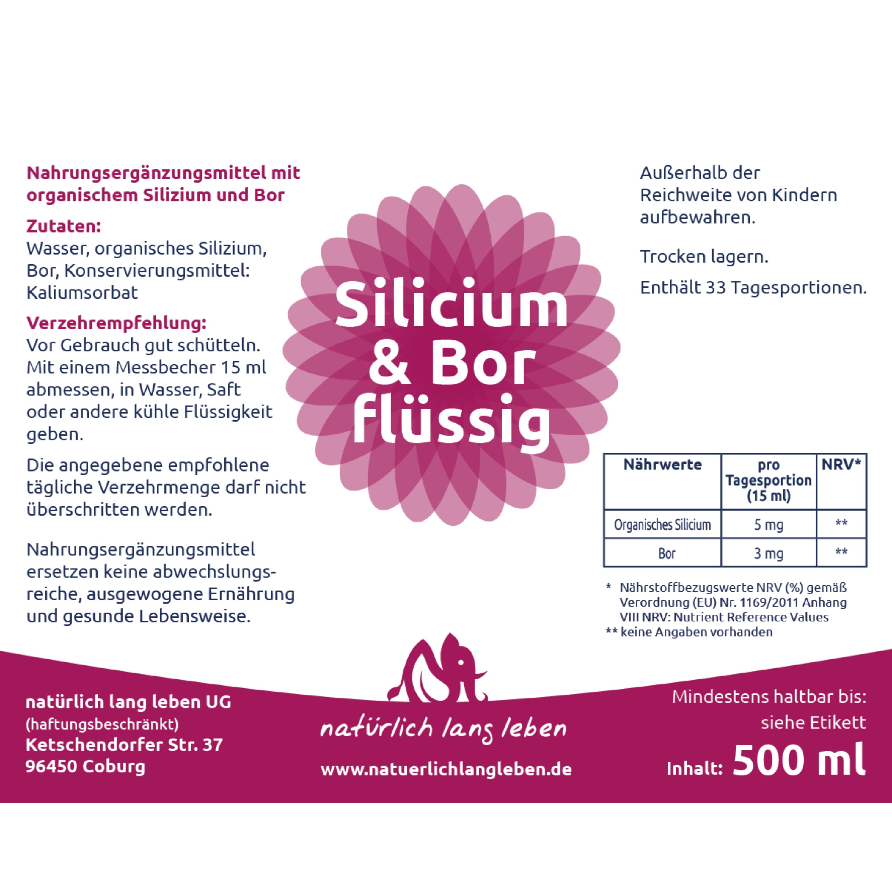 Etikett mit Produktinformationen: Zutaten, Nährwerte, Verzehrempfehlung. Logo und Schriftzug 'natürlich lang leben' sind ebenfalls abgebildet.