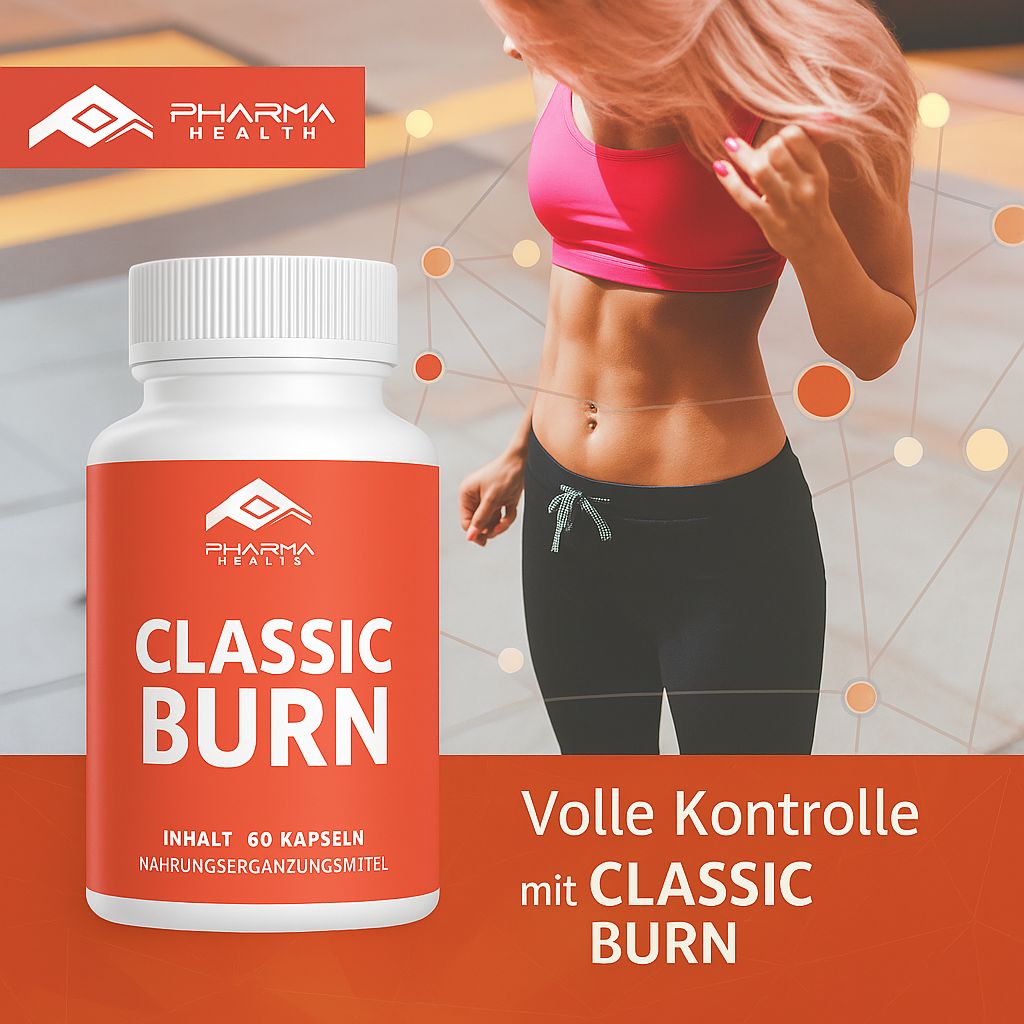 Weiße Flasche mit rotem Etikett. CLASSIC BURN, Pharma Health Logo. Text: Volle Kontrolle mit CLASSIC BURN. Inhalt: 60 Kapseln.