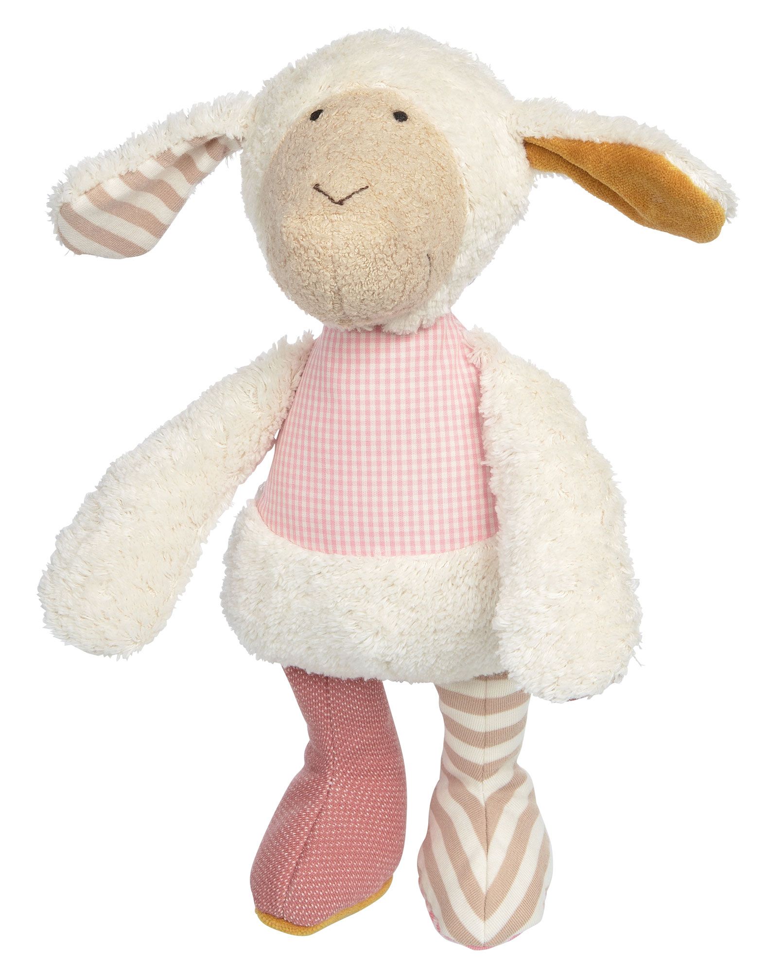 Stofftier Schaf. Weißes Fell, rosa kariertes Kleid, gestreifte Ohren und Beine. Stehende Pose.