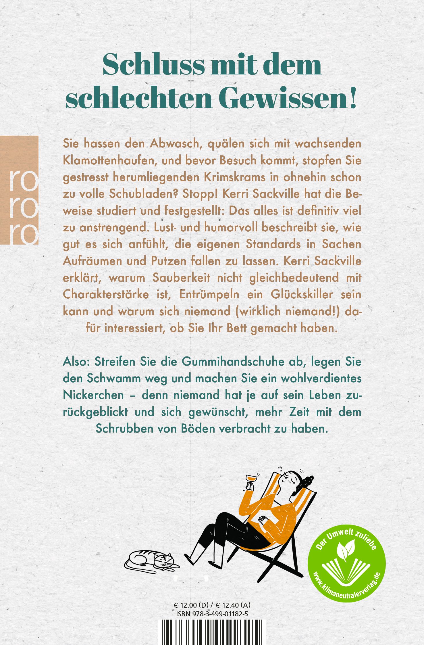 Rückseite des Buches mit Text und Illustration. Titel: Schluss mit dem schlechten Gewissen! Autor: Kerri Sackville. Logo: Der Umwelt zuliebe.