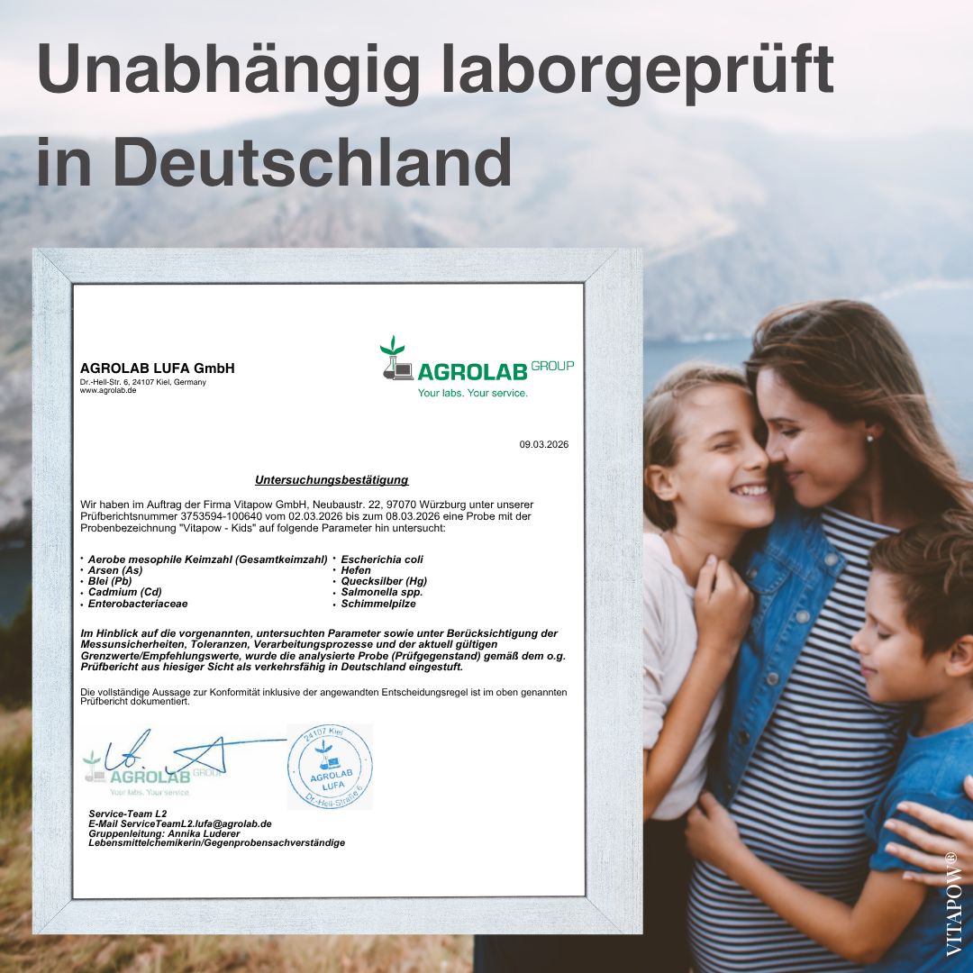 Unabhängig laborgeprüft in Deutschland: Vitapow Kinder Multivitamin Pulver.