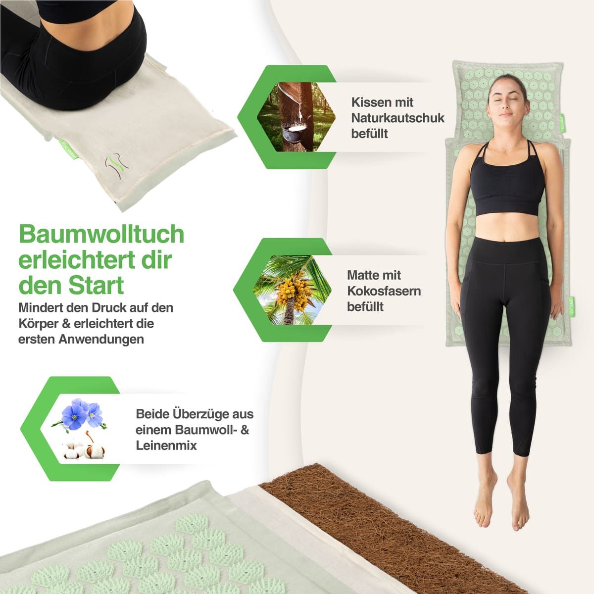 Akupressurmatte und Kissen. Text: Baumwolltuch erleichtert dir den Start. Kissen mit Naturkautschuk gefüllt. Matte mit Kokosfasern gefüllt. Bezüge aus Baumwoll- & Leinenmix.