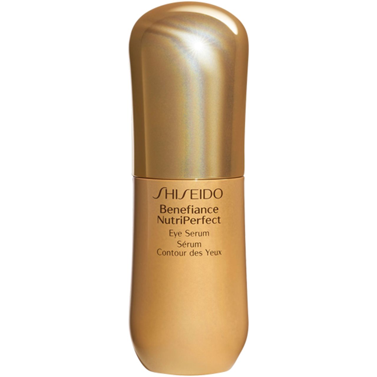Goldfarbene Flasche mit Deckel. Beschriftung: Shiseido Benefiance NutriPerfect Eye Serum. Sérum Contour des Yeux.