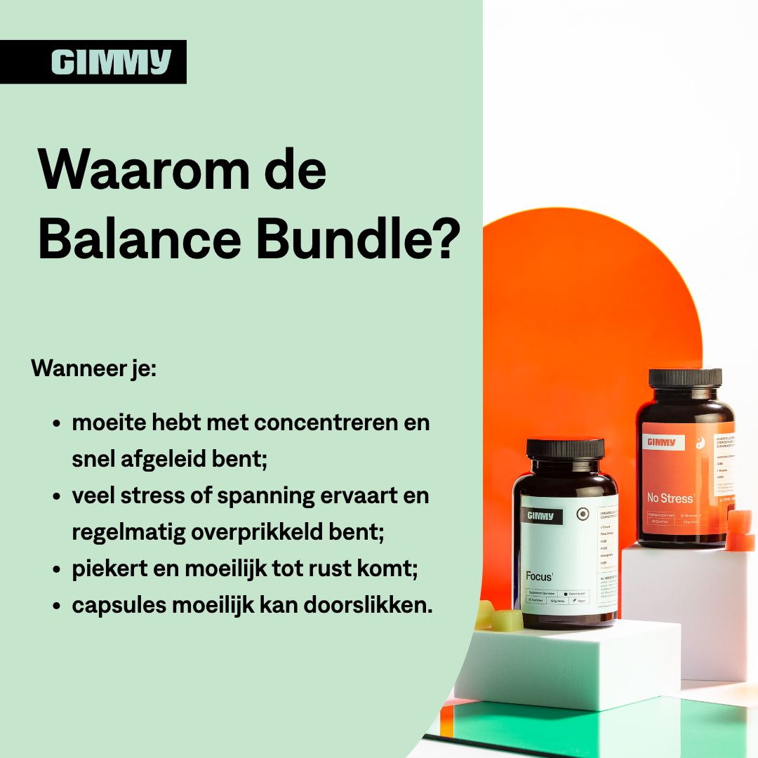 GIMMY Balance Bundle. Zwei Flaschen, eine rot, eine weiß. Text: Warum das Balance Bundle? Text in Niederländisch.