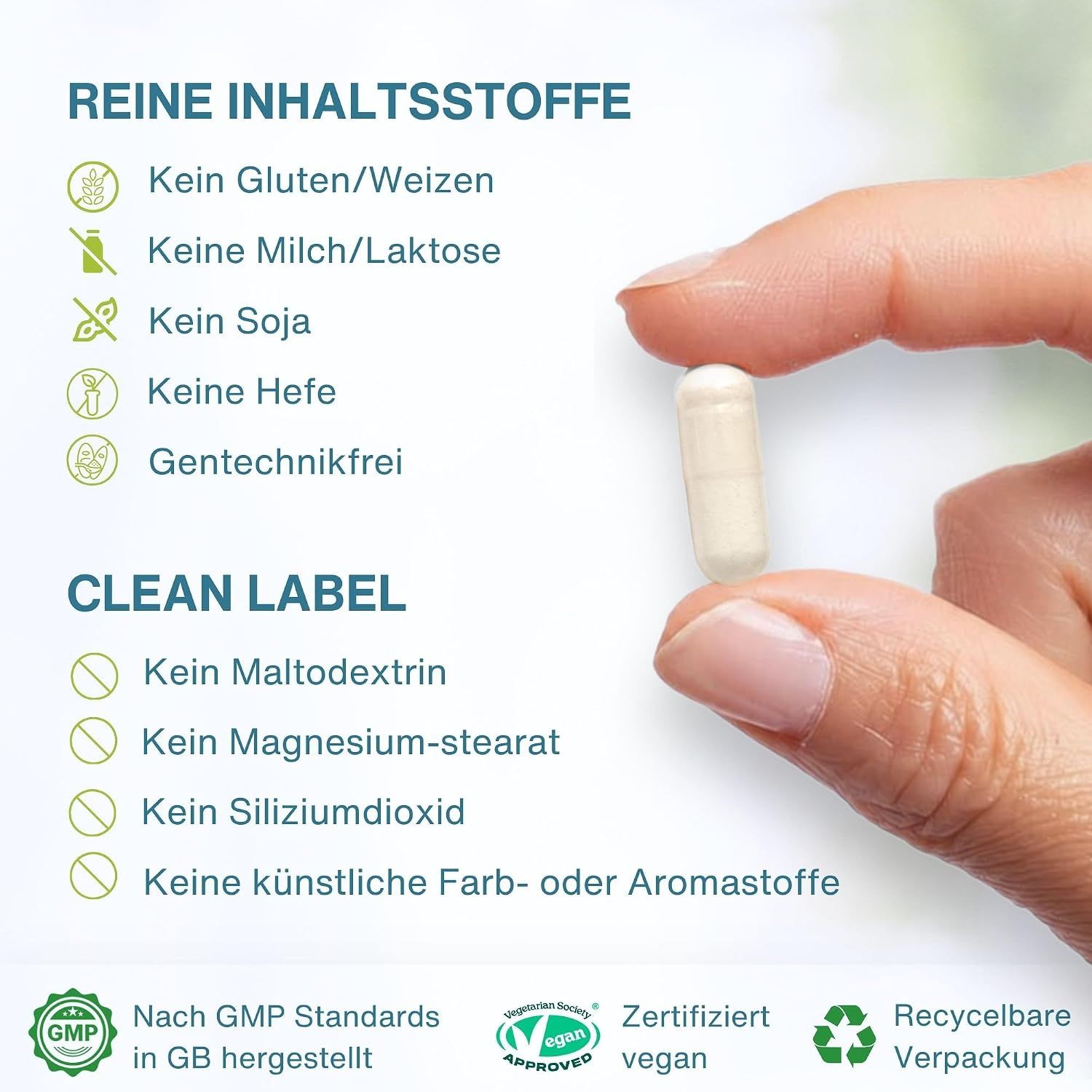 Grafik zeigt reine Inhaltsstoffe: kein Gluten, Laktose, Soja, Hefe. Vegan.