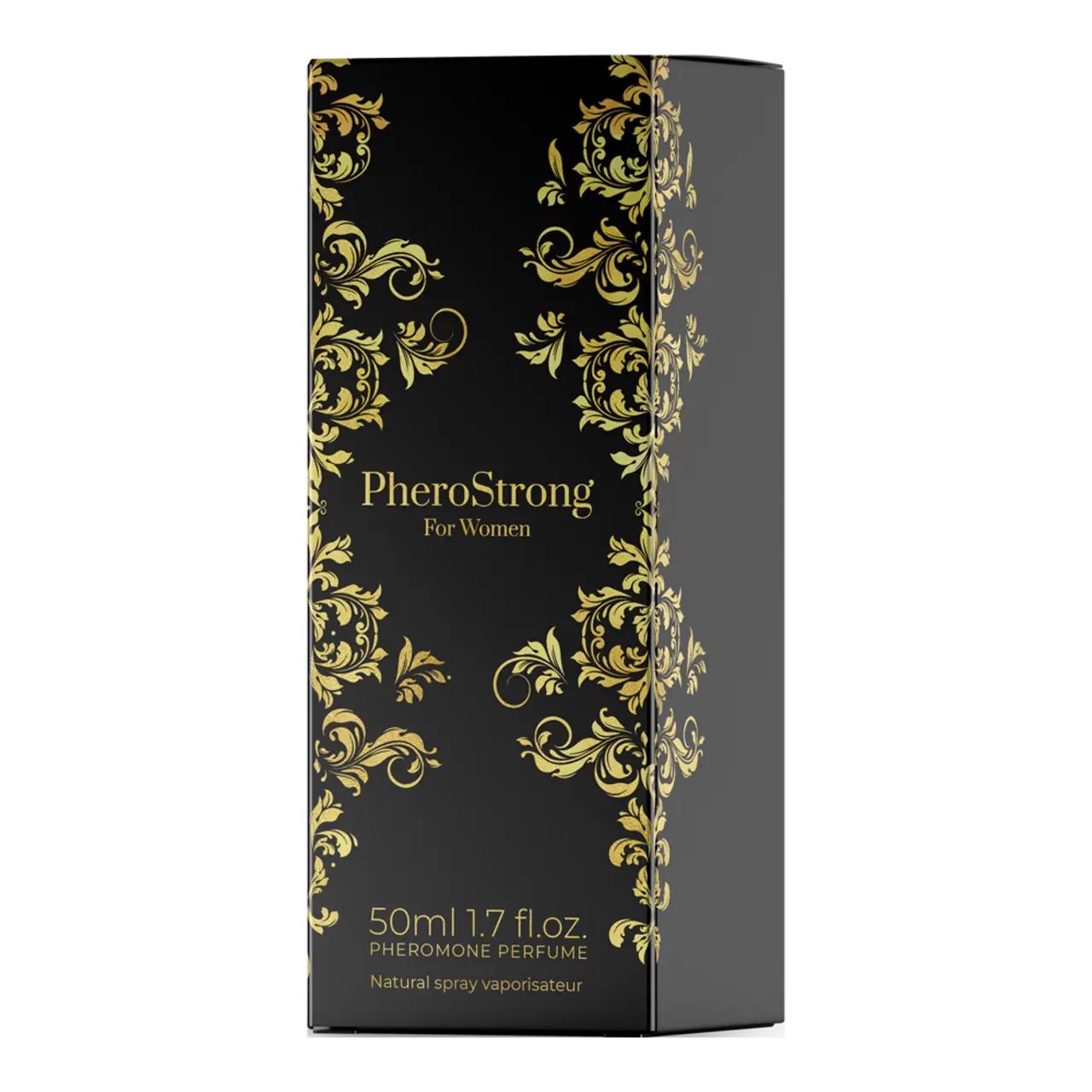 Schwarze Produktverpackung mit goldenem Muster und Produktnamen. Volumenangabe und weitere Informationen auf der Verpackung.