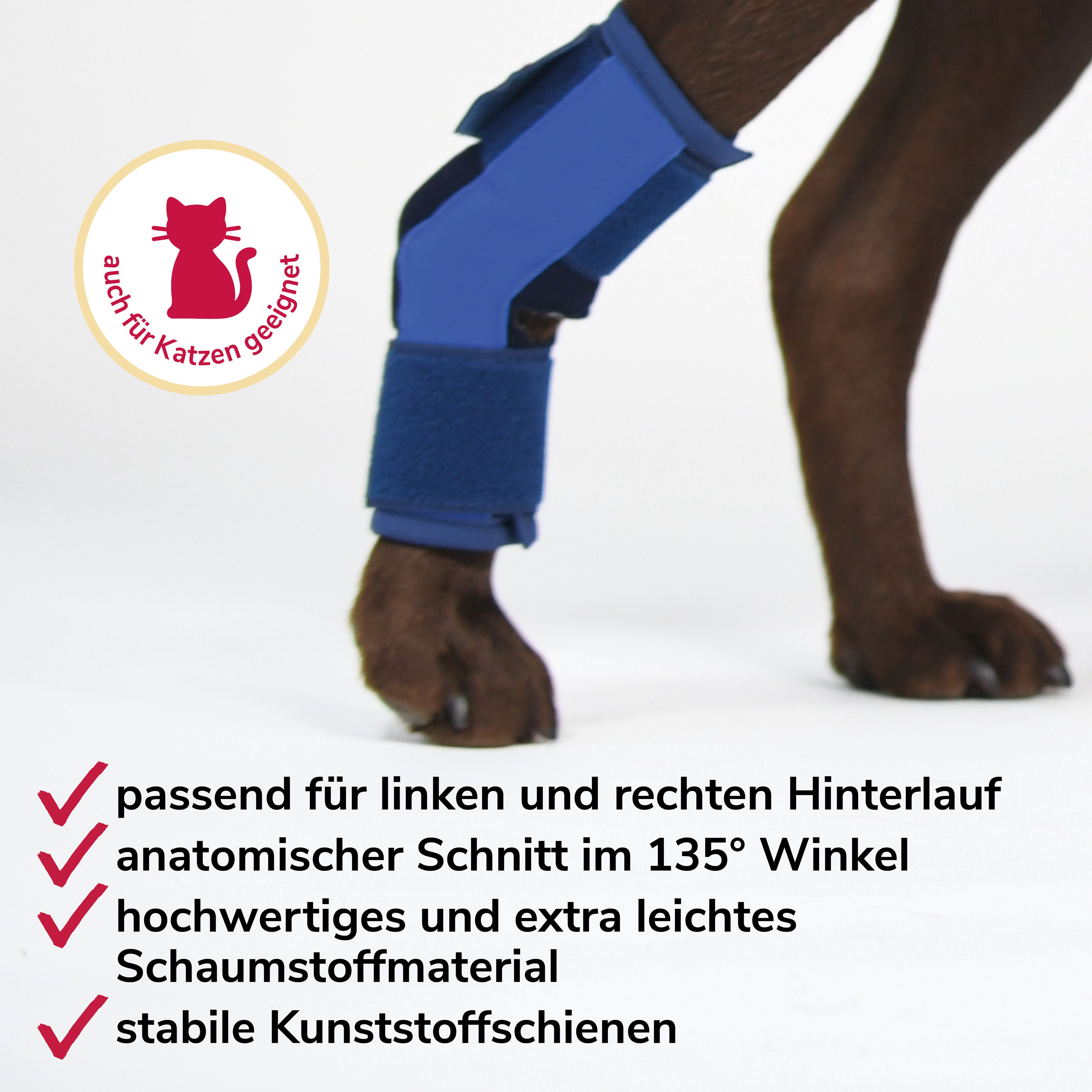 Hundebein mit blauer Sprunggelenkbandage. Text: geeignet für Katzen, passend für linken und rechten Hinterlauf.