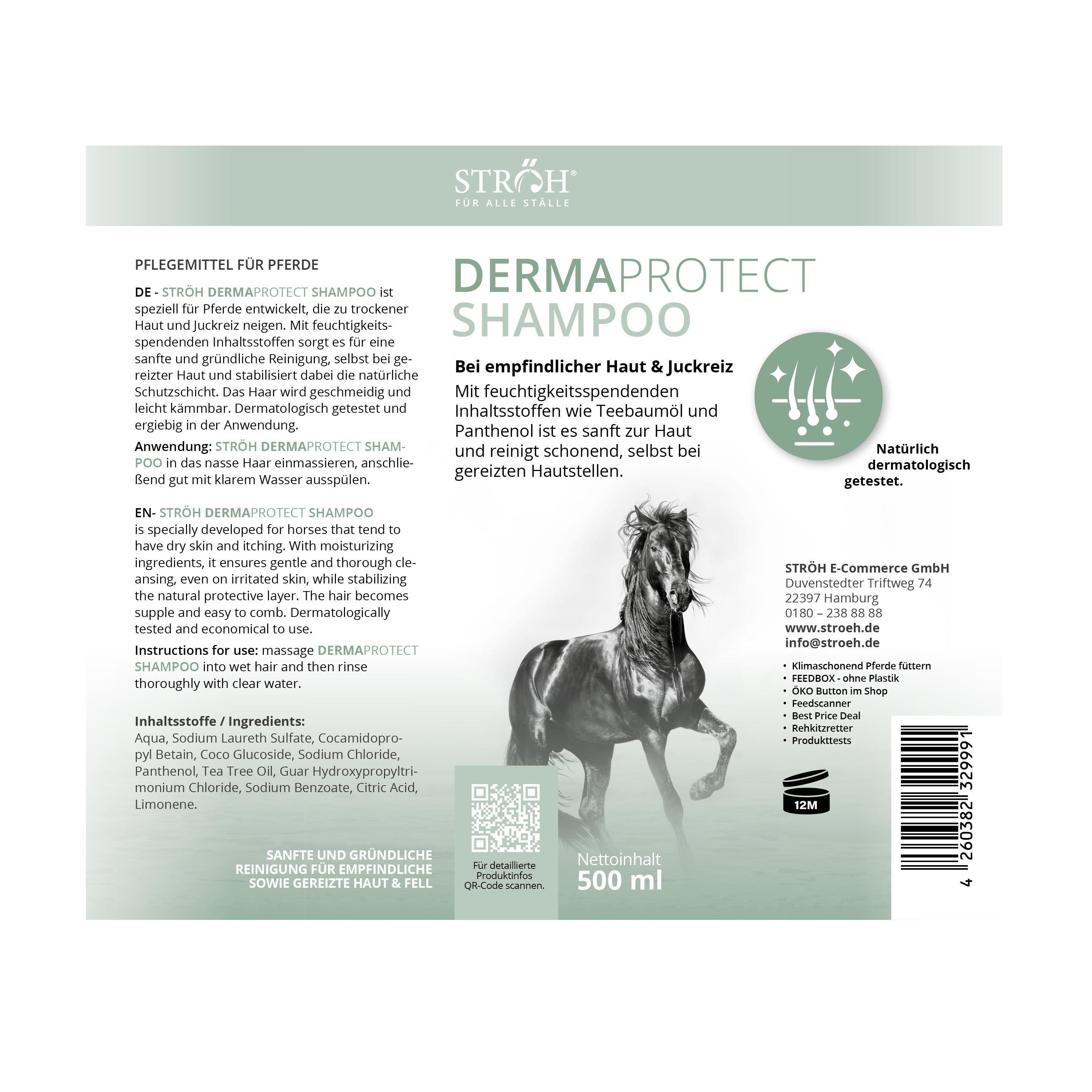Rückseite einer STRÖH DermaProtect Shampoo Flasche mit Anwendungshinweisen und Inhaltsstoffen.