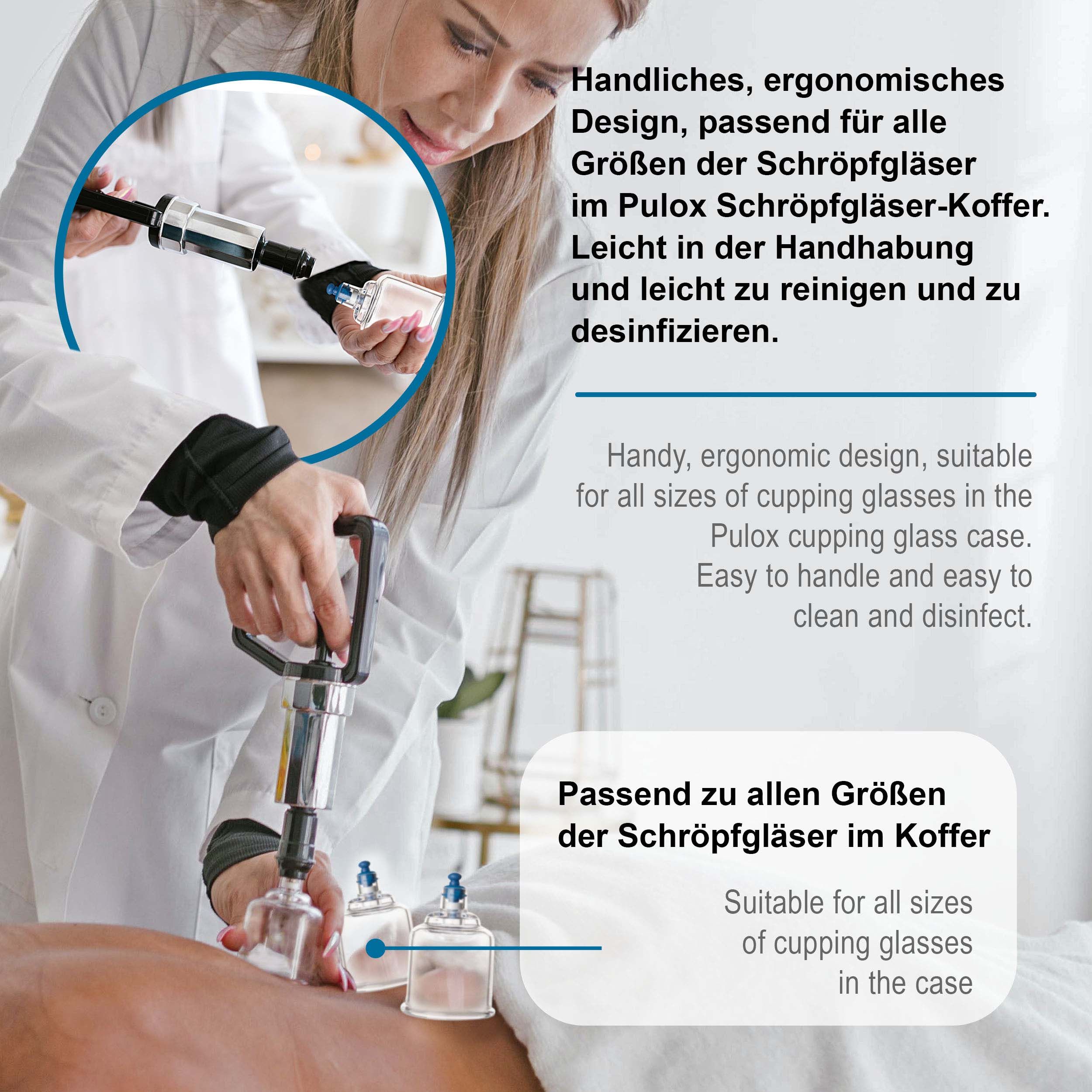 Person hält Vakuum-Pumpe. Text: Handliches, ergonomisches Design, passend für alle Größen der Schröpfgläser.