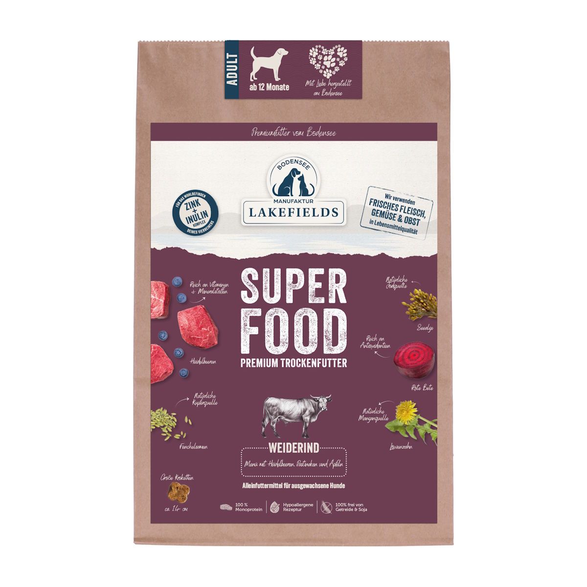 Lakefields - Superfood Premium Hundefutter Weiderind Komplettmenü 2500 g