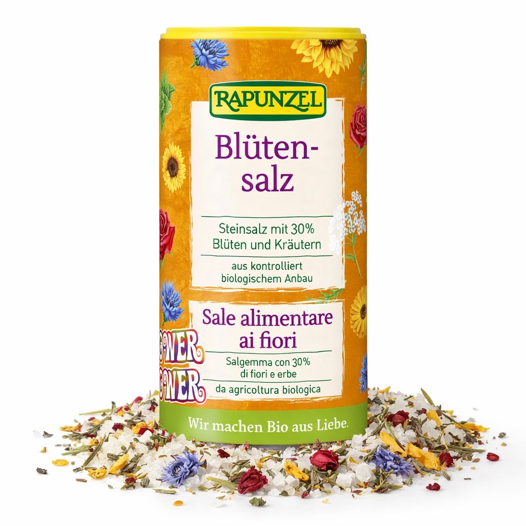 Rapunzel Blütensalz: Steinsalz mit 30% Blüten und Kräutern, biologisch angebaut.