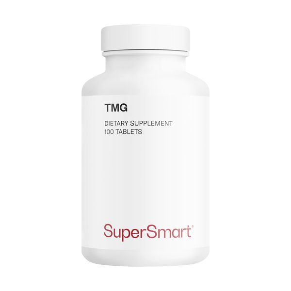 Weiße Flasche mit TMG-Nahrungsergänzungsmittel, 100 Tabletten. SuperSmart-Logo auf dem Etikett.