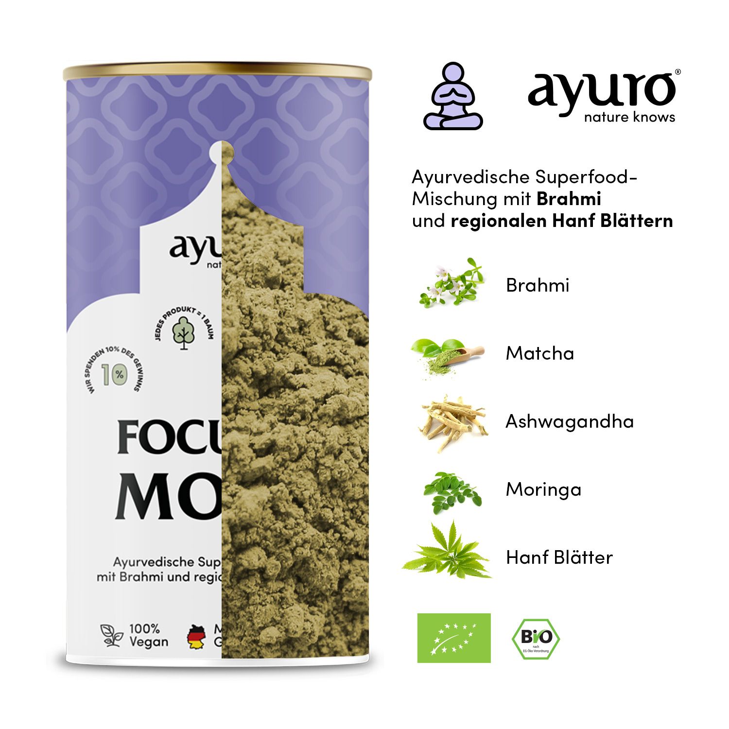 Geöffnete Dose mit Pulver. Zutaten: Brahmi, Matcha, Ashwagandha, Moringa, Hanfblätter. Logo, Bio-Siegel. Text.