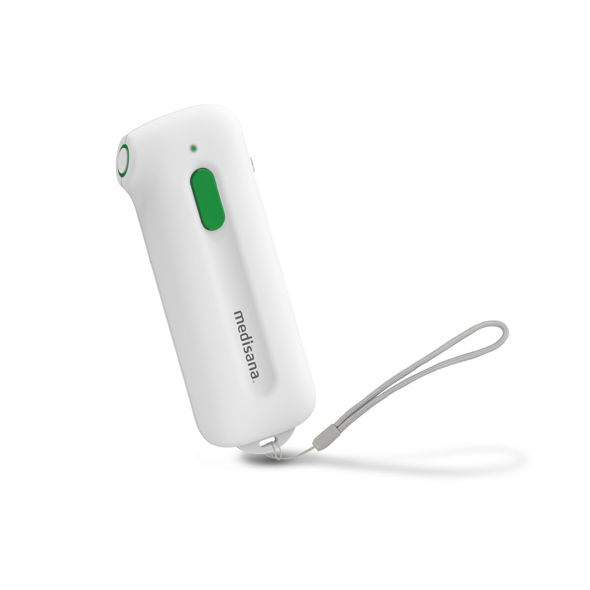 Appareil blanc, allongé, bouton vert, logo. Lanière grise. medisana.