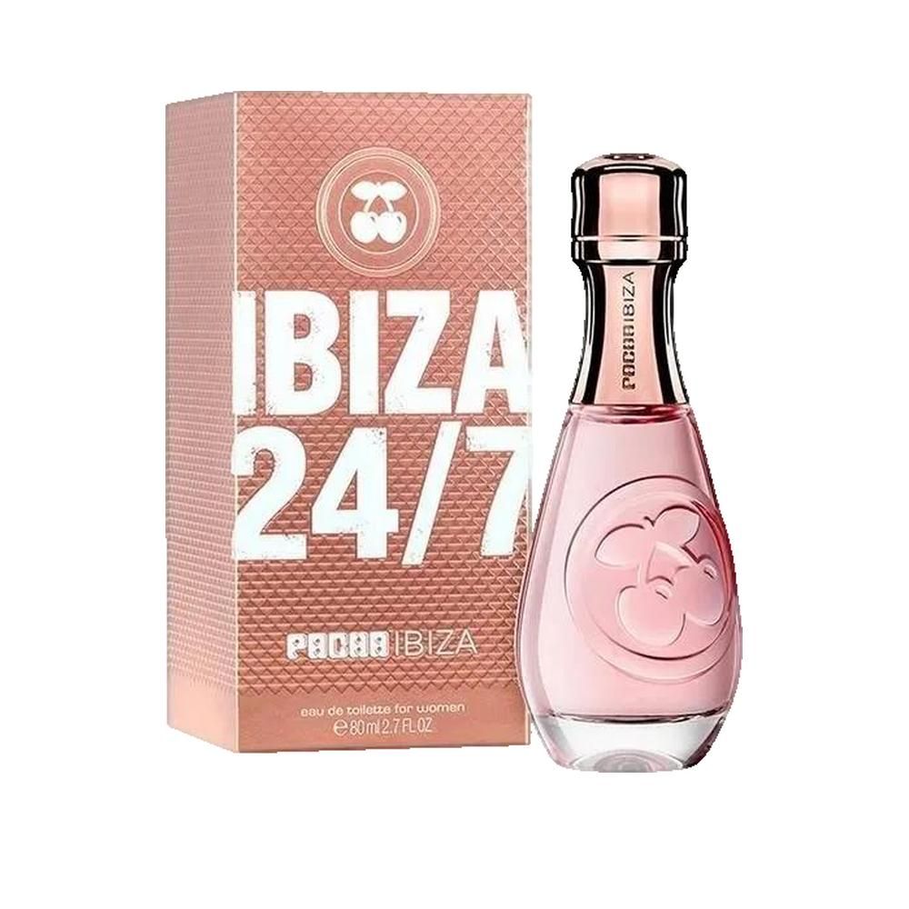Rosa Flakon mit rosafarbener Flüssigkeit und Verpackung. Aufschrift "IBIZA 24/7" und "PACHA IBIZA".